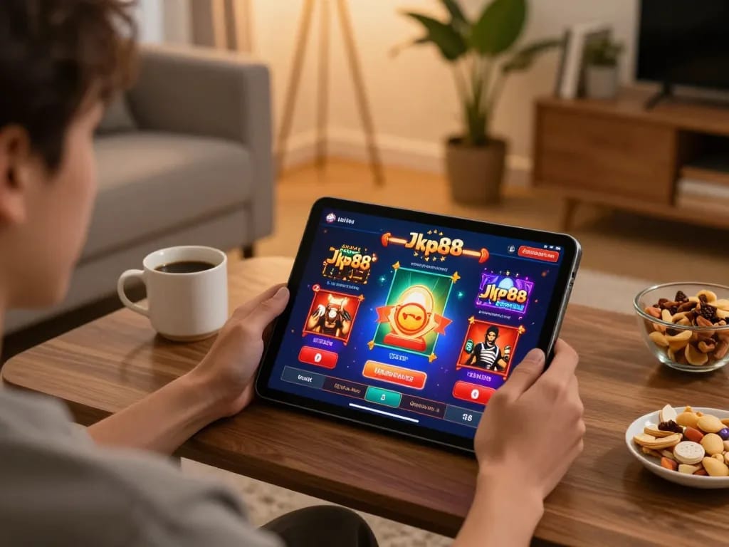 Engaging user playing online jkp88 games on a tablet in a cozy home setting.