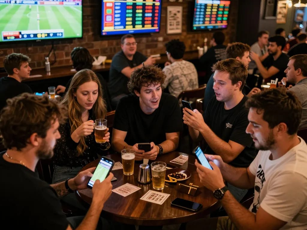 Excited sports fans engaging in live betting at qq8827, cheering and analyzing games on mobile devices.