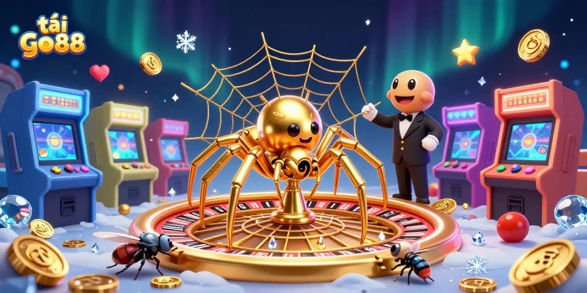 Engage with the excitement of tải go88 as a golden spider spins a roulette wheel web in a vibrant casino scene.