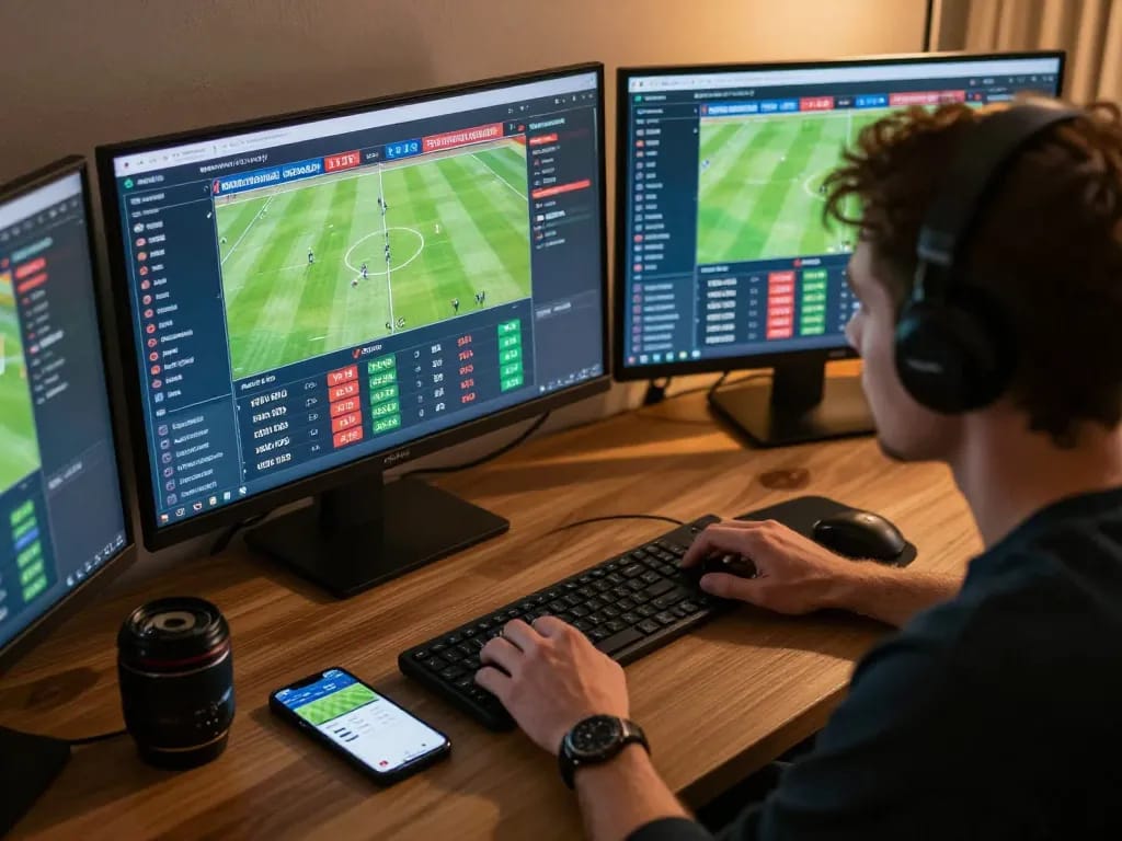Intensely focused on 7meter bola betting strategies with multiple screens and live matches.