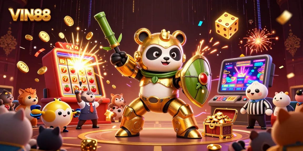 VIN88's golden panda mech-suit wins big in a dynamic online casino scene.
