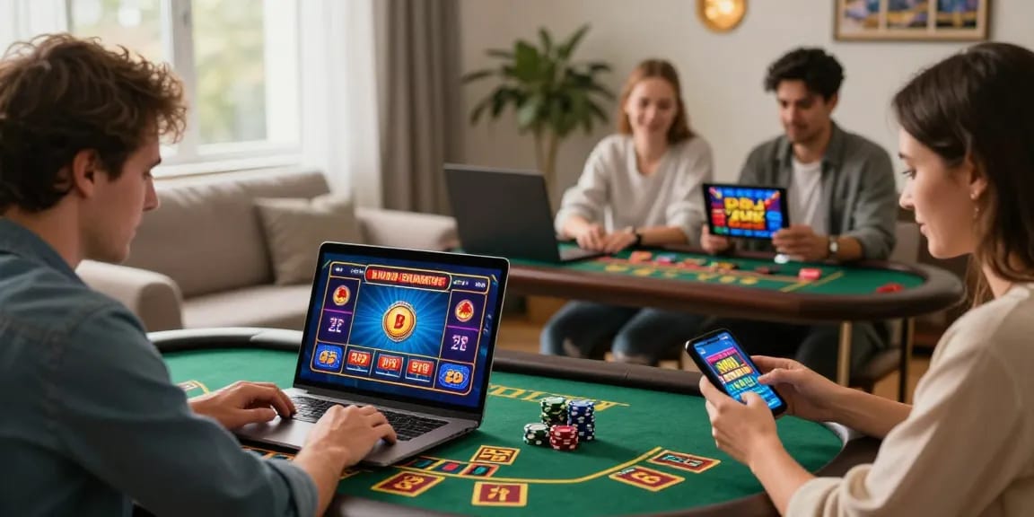 Exciting online casinos Australia scene with diverse players engaging in pokies and table games in a cozy setting.