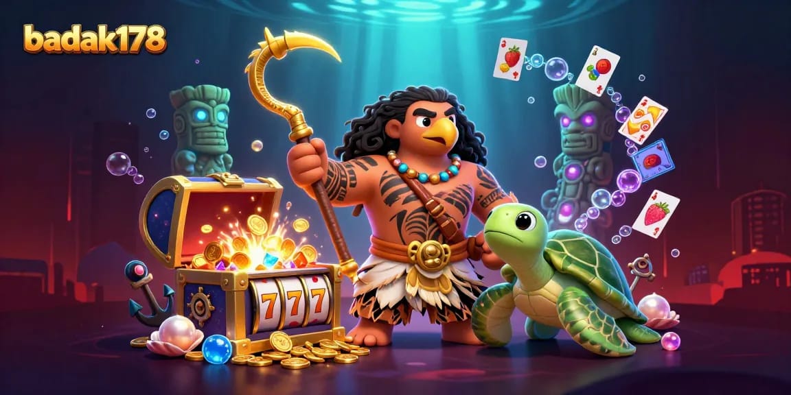 Engage with badak178 in a vibrant casino scene showcasing slots, treasure, and adventure.