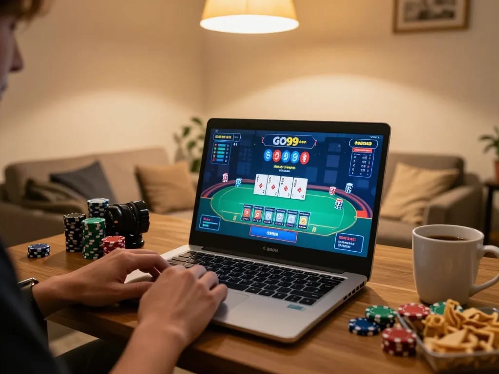 Playing blackjack on GO99 com online at home, with warm lighting and engaging atmosphere.