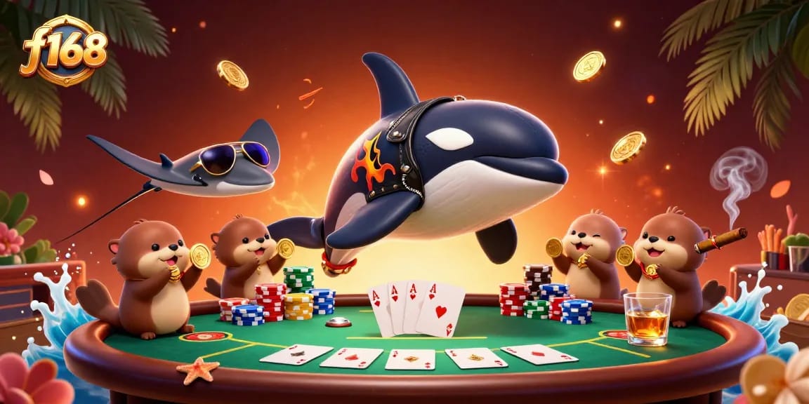 Experience the excitement of f168 as sea creatures play poker, winning golden coins in a vibrant casino scene.