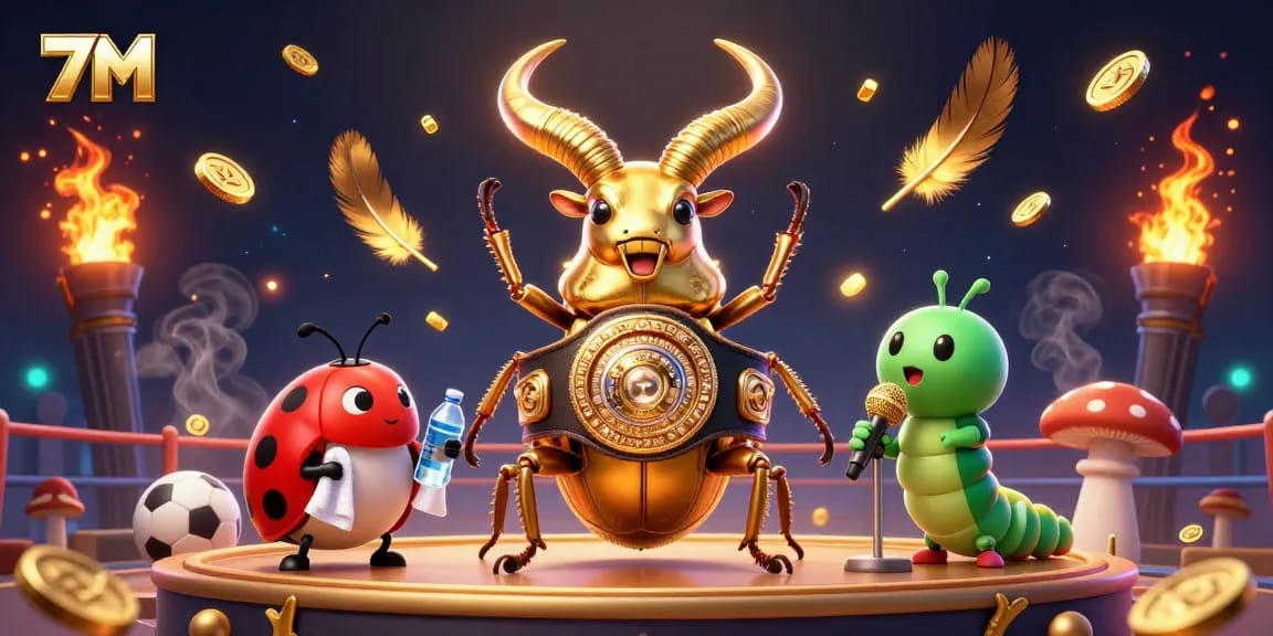 7M dynamic sports betting scene with cartoon characters amidst swirling golden feathers and coins.
