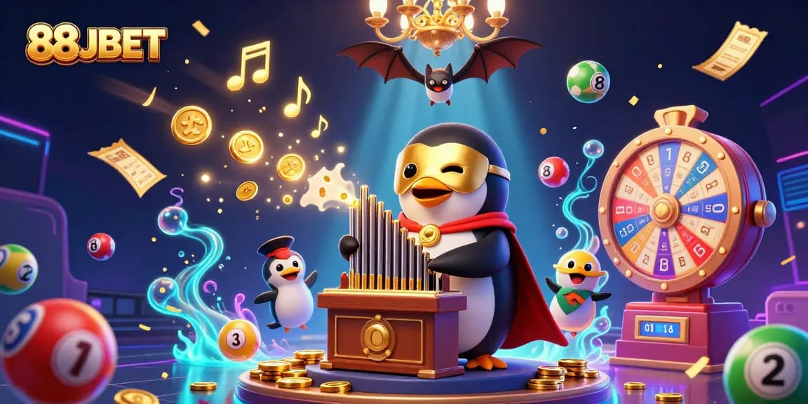 Experience the thrill of winning with 88JBET as colorful lottery balls soar in a dynamic casino atmosphere.