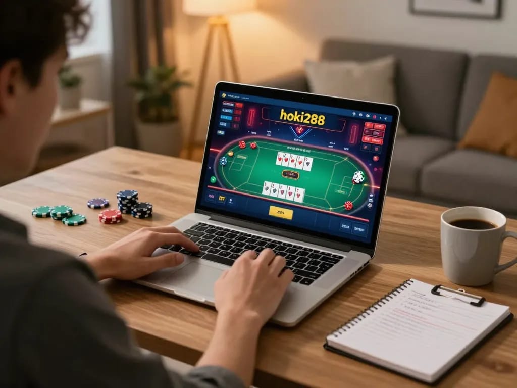 Pemain yang terlibat di hoki288 merencanakan strategi selama permainan poker online di rumah.