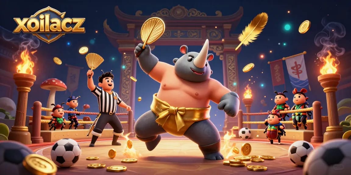 Xoilacz engages bettors with a dynamic 3D illustration of a rhinoceros beetle sumo champion in a vibrant sports betting scene.