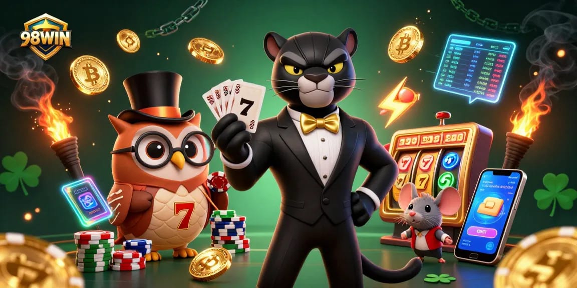 Experience thrilling gameplay at 98WIN with engaging slot games featuring lucky symbols and vibrant characters.