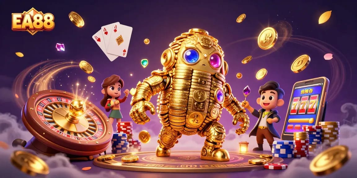 Engage with EA88's immersive casino world featuring a golden golem, roulette, and vibrant gaming elements.