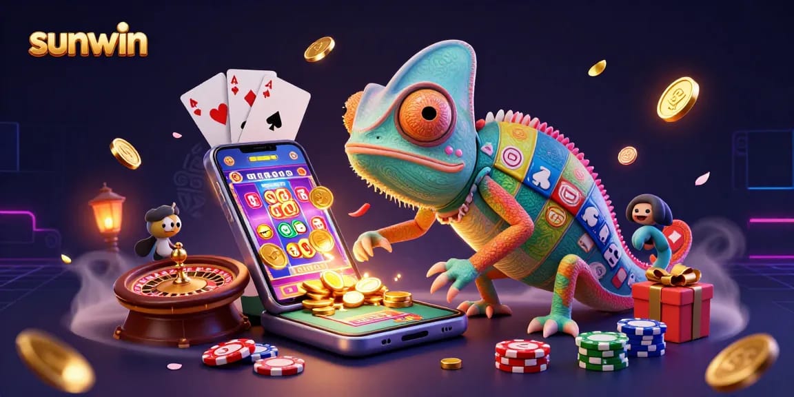 Experience the vibrant sunwin casino scene with a lively chameleon owner and dynamic gaming elements.