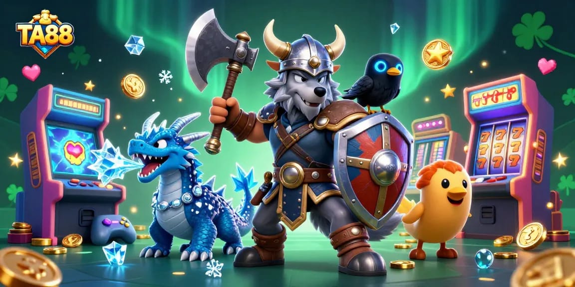 Engage with TA88's thrilling Viking scene featuring a wolf warrior and a fierce dragon.