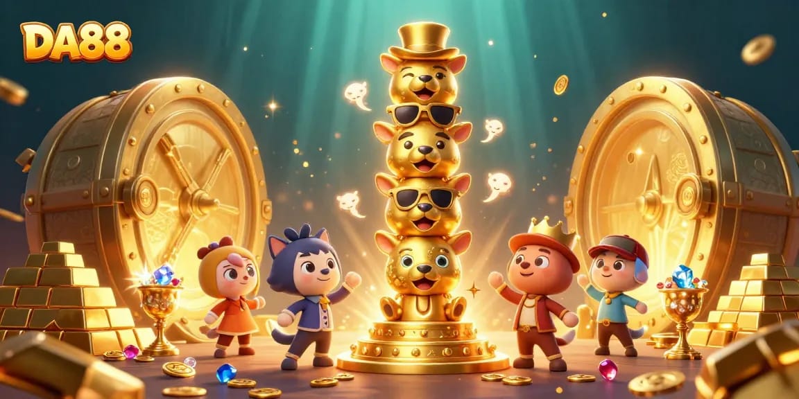 DA88 showcases vibrant casino elements with a golden totem pole surrounded by treasures