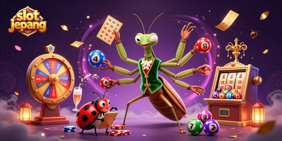 Experience slot jepang excitement with a giant praying mantis dealer in a vibrant casino scene.