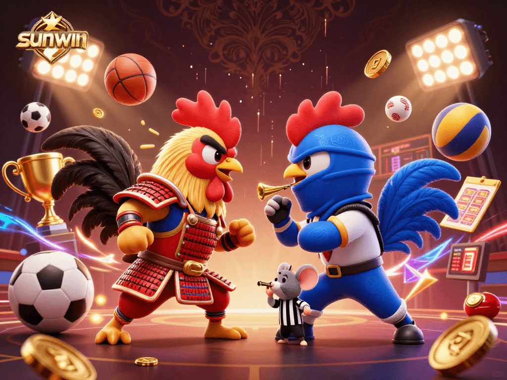 Experience thrilling action with sunwin, showcasing fighting roosters in a vibrant casino sports scene.