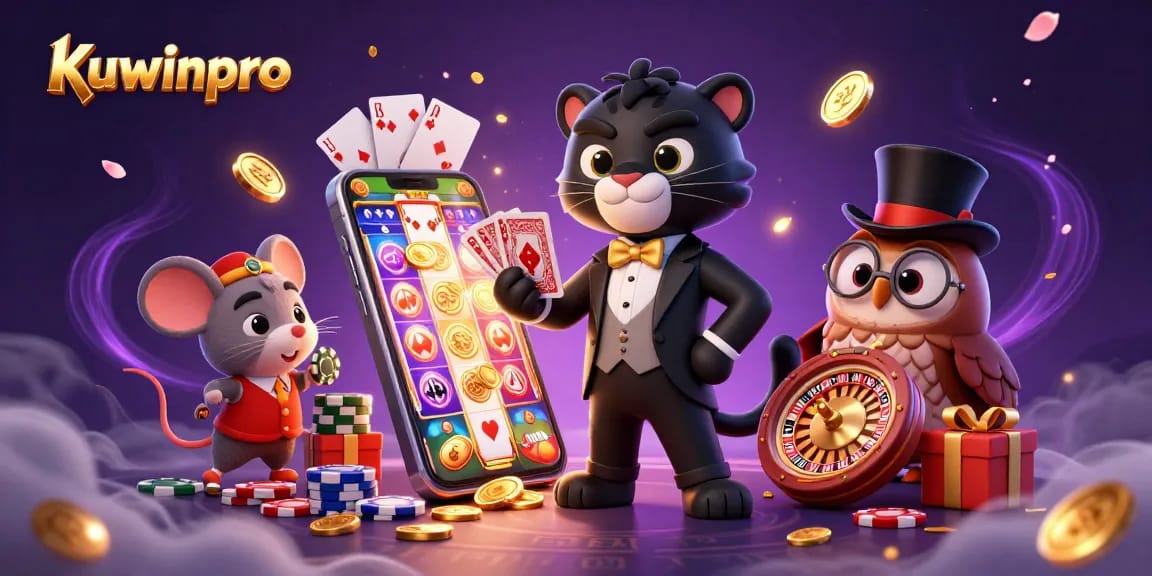 Engaging kuwinpro scene with a stylish black panther, an owl with poker chips, and a lucky mouse, lively casino atmosphere.