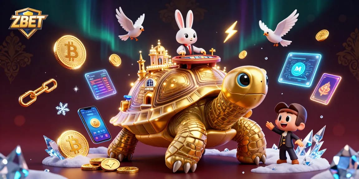 Play casino games at ZBET with golden coins and a rabbit dealer in a magical setting.
