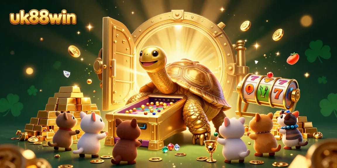 Experience the excitement of uk88win with vibrant animals enjoying a slot game in a treasure-filled casino.