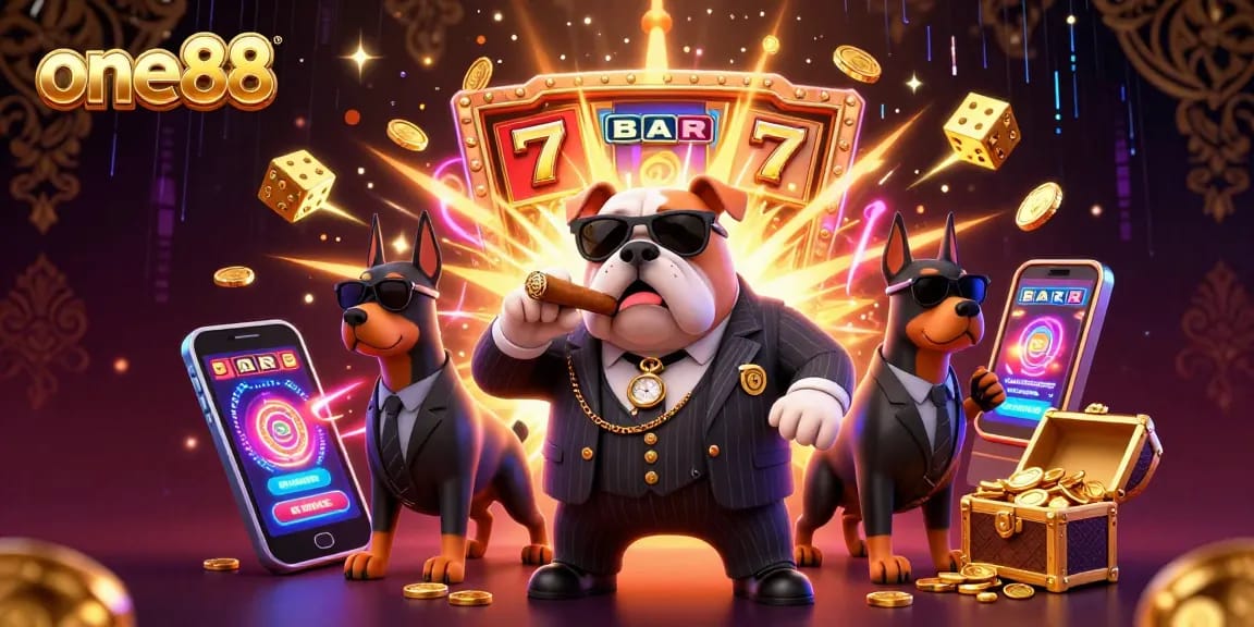 Experience high-stakes excitement at one88 with a lively casino scene featuring cartoon characters and dynamic slot action.