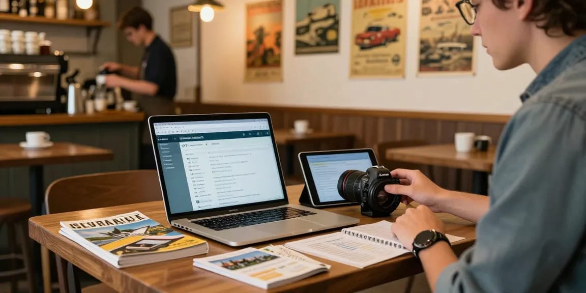 Traveler exploring travefy alternatives while planning a trip in a cozy café setting