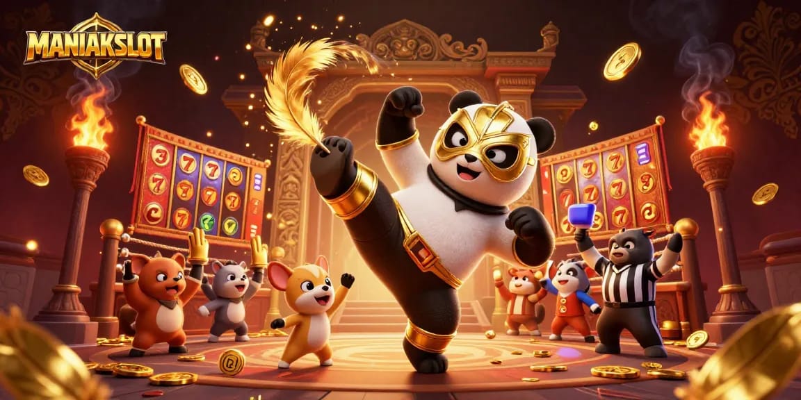 MANIAKSLOT showcases a dynamic casino battle scene featuring a wrestling panda and chihuahua referee amidst vibrant gambling elements.