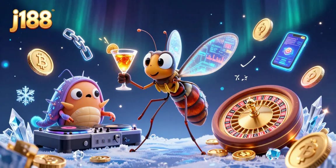 Engage with j188 through a vibrant 3D illustration featuring casino mascot and crypto elements.