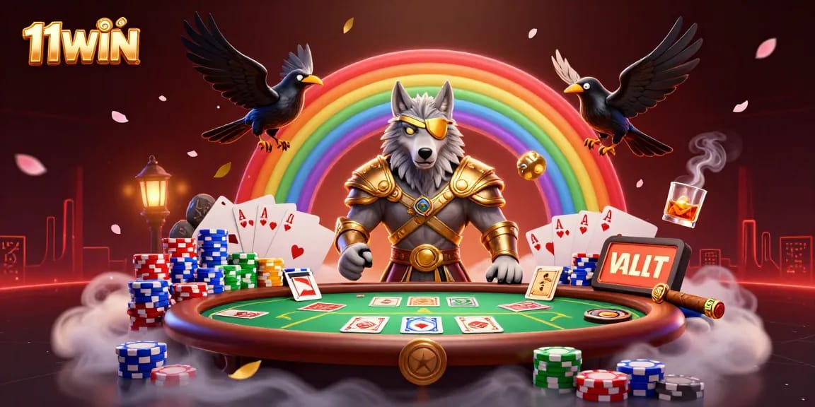 Experience the thrilling 11WIN casino adventure with a Norse-inspired wolf at the poker table.
