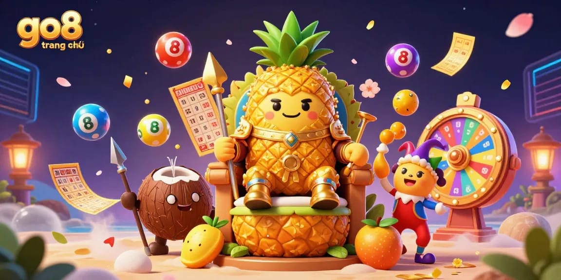 Engage with go8 trang chủ's vibrant casino scene featuring a golden pineapple king and dynamic game elements.