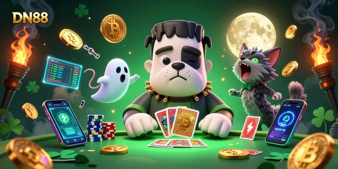 Experience thrilling gameplay with DN88 featuring a whimsical casino scene with a quirky bulldog monster.