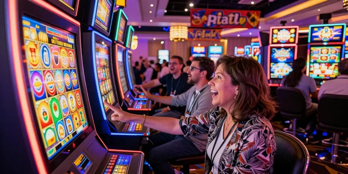 Excited player at a slot gacor machine in a vibrant casino, surrounded by cheering friends and colorful lights.