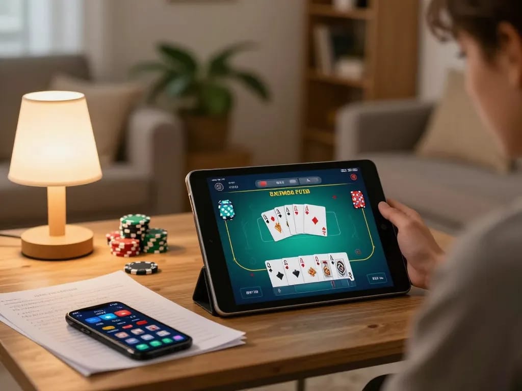 Engaging in online poker at home using XOCDIA88 app for an exciting gaming experience.