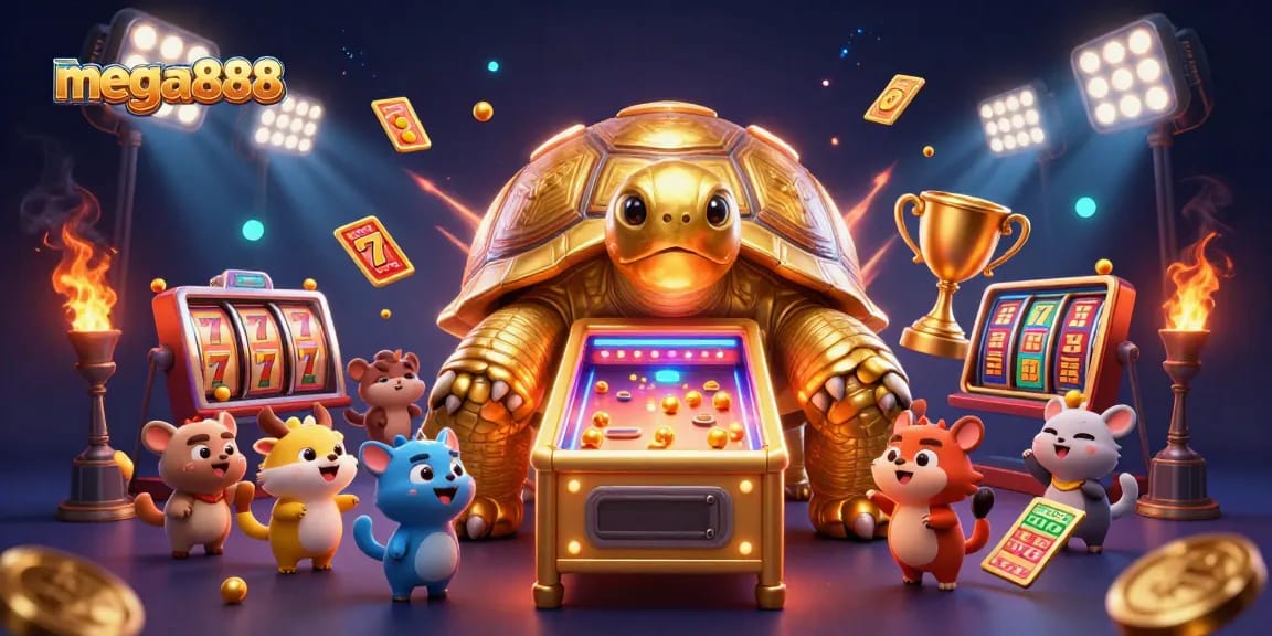 Play exciting games on mega888 with a colorful 3D illustration of a golden tortoise and lively scenes.