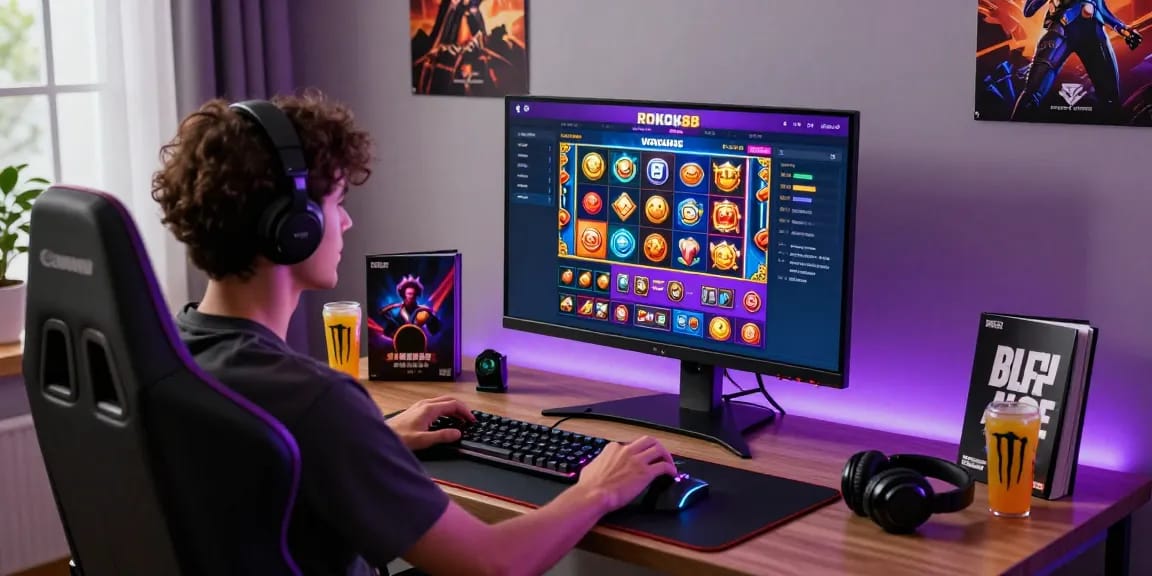 Engaging ROKOK88 gaming setup showcasing online slot games and vibrant gaming atmosphere.