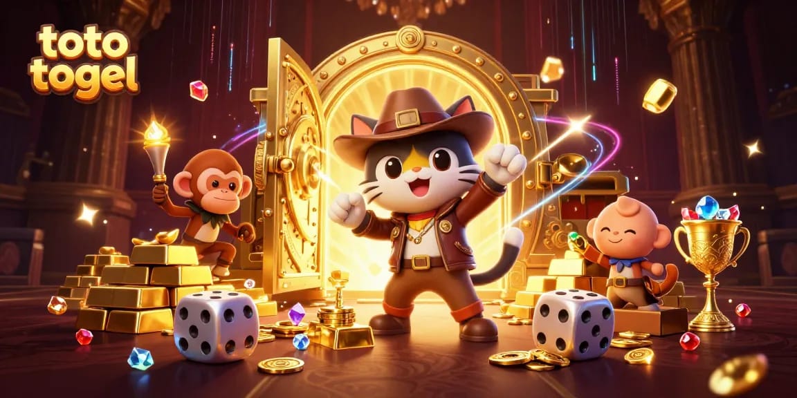 Experience the excitement of toto togel with this dynamic treasure hunt scene featuring an explorer cat and treasures.