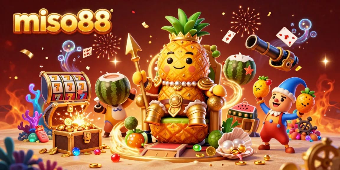 Experience thrilling gaming at miso88 with vibrant illustrations featuring the pineapple king in a lively casino.