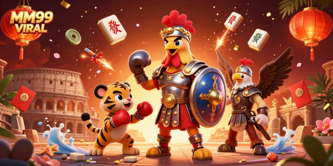 Engage with MM99 VIRAL's thrilling 3D casino adventure featuring a rooster gladiator and vibrant game elements.