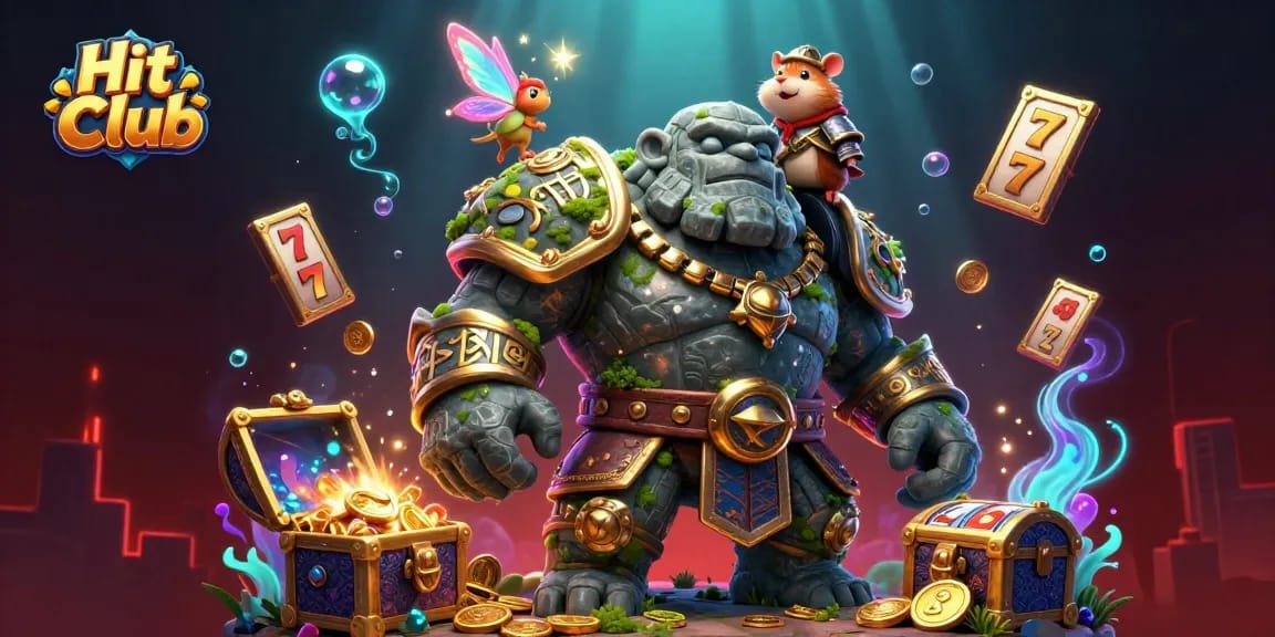 Hit Club offers thrilling slots action with golem, fairy, and knight surrounded by treasures.