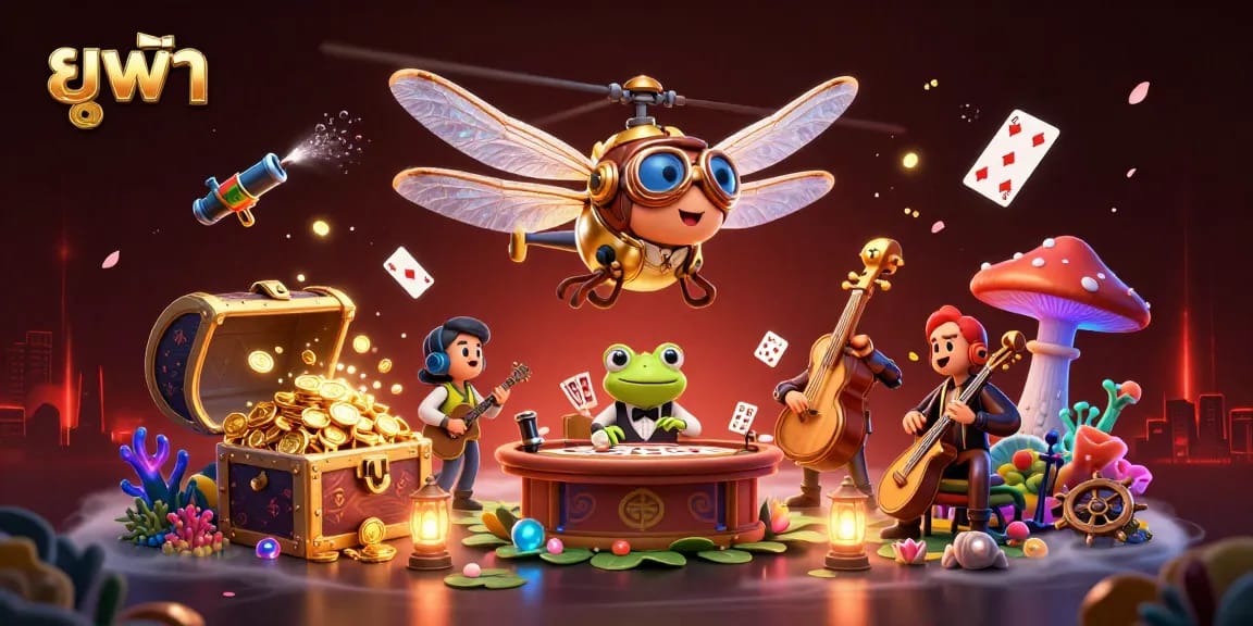 Experience the excitement of ยูฟ่า as the dragonfly pilot and frog dealer navigate a vibrant casino scene.
