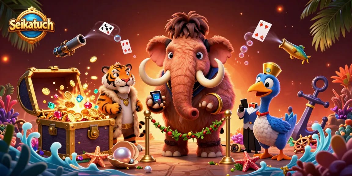 Experience the vibrant the world of seikatuch with a 3D cartoon illustration showcasing a woolly mammoth bouncer