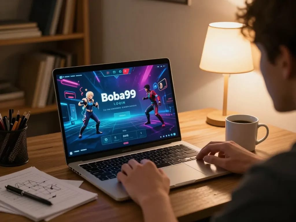 Terlibat dalam Login Boba99 untuk permainan online, menampilkan seseorang yang merencanakan dengan antarmuka laptop.