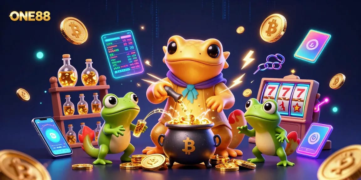 ONE88 engages players with vibrant slot reels in a magical gold transmutation scene.