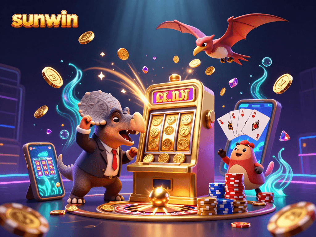 Experience big wins at sunwin with a pachycephalosaurus jackpot heist amidst spinning roulette and flying coins.