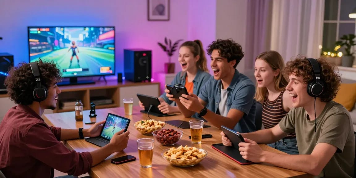 Exciting Winbox download scene with friends enjoying a gaming night.