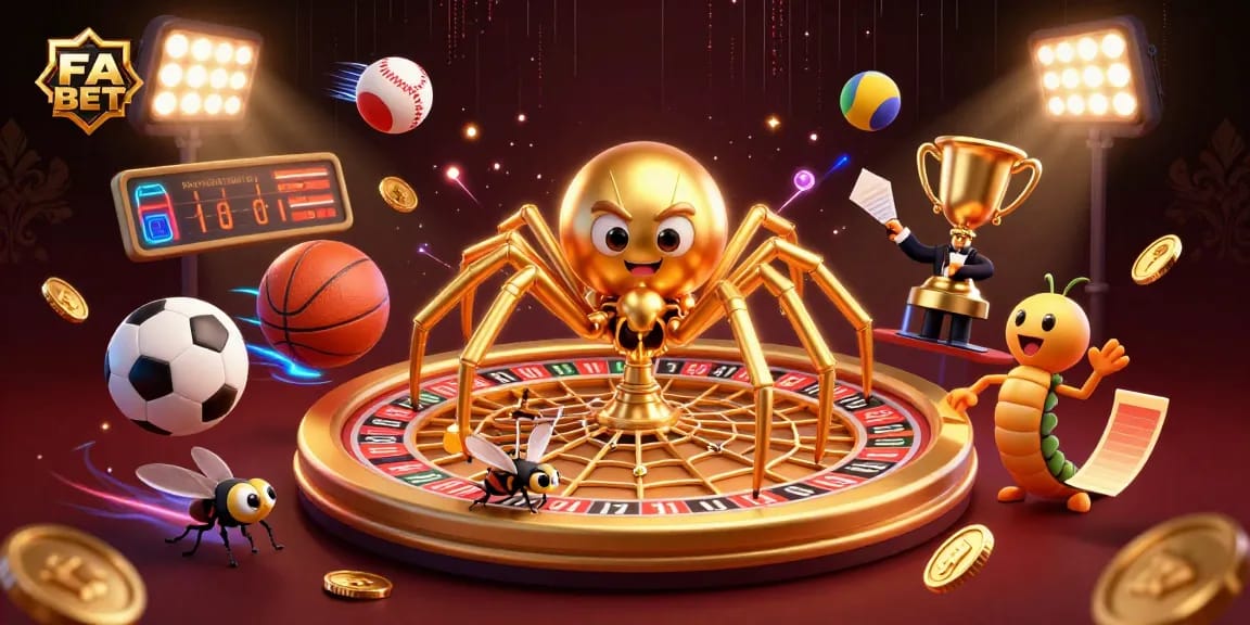 FA BET showcases a dynamic 3D scene with a golden spider and sports elements engaging in betting.