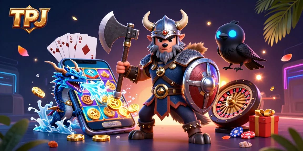 Engage in exciting slots with TPJ's vibrant casino artwork featuring dynamic Viking warrior and dragon.