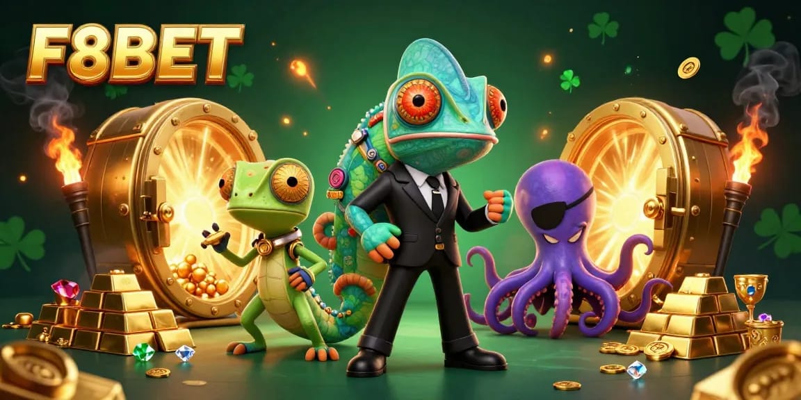 Experience exciting wins with F8BET's vibrant casino scene depicted with a secret agent, gecko, and octopus.