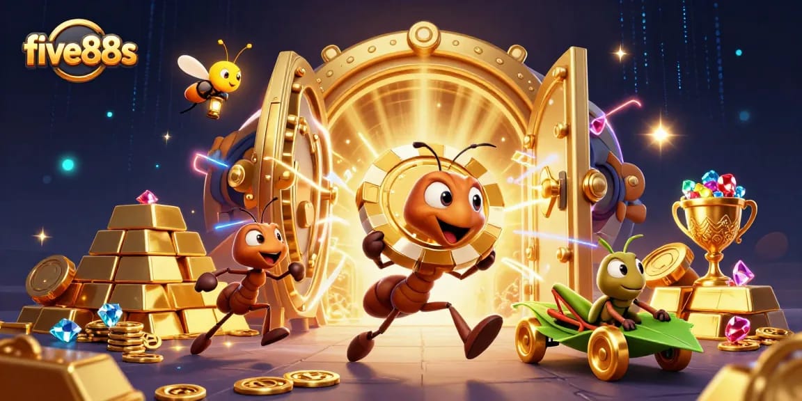 Experience thrilling gaming action at five88s with ants on a heist and a golden poker chip.