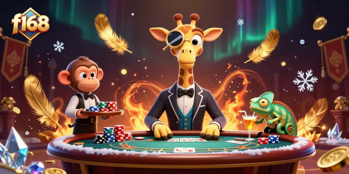 f168 poker scene with a giraffe and monkey in a vibrant casino atmosphere