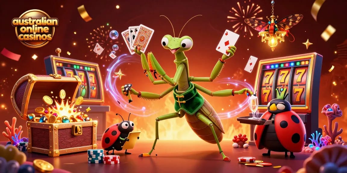 Engage with australian online casinos featuring a giant praying mantis card sharp and vibrant casino elements.